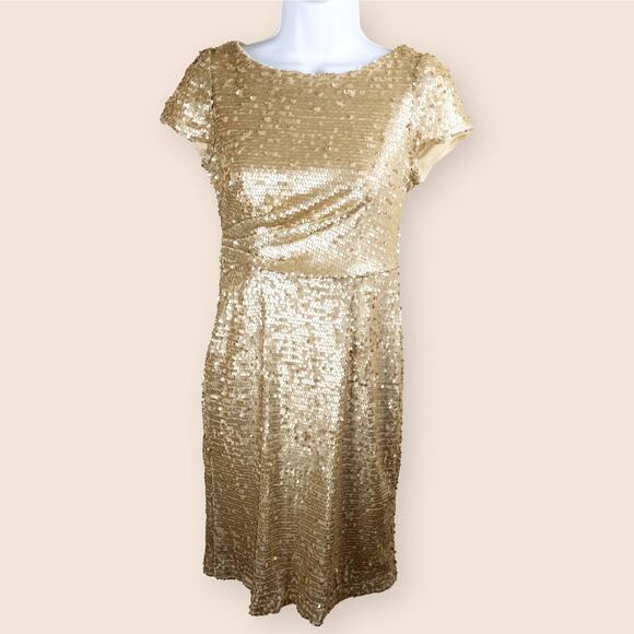 Adrianna Papell Gold Sequin Cap Sleeve Cocktail Dress 6 - Picture 1 of 11